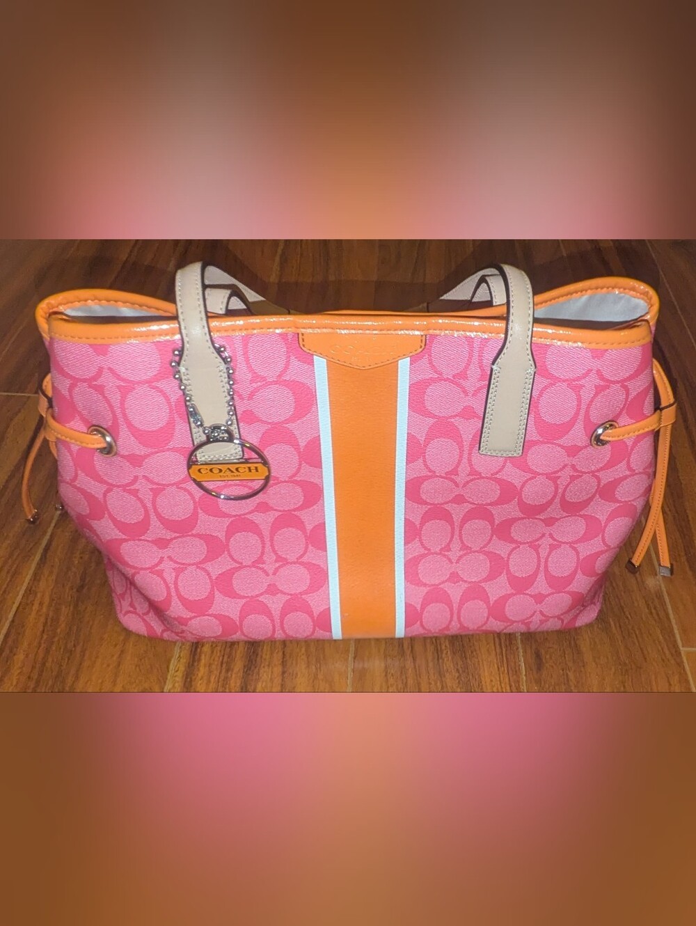 COACH All Leather Pink Orange Signature Stripe Drawstring Carryall Tote